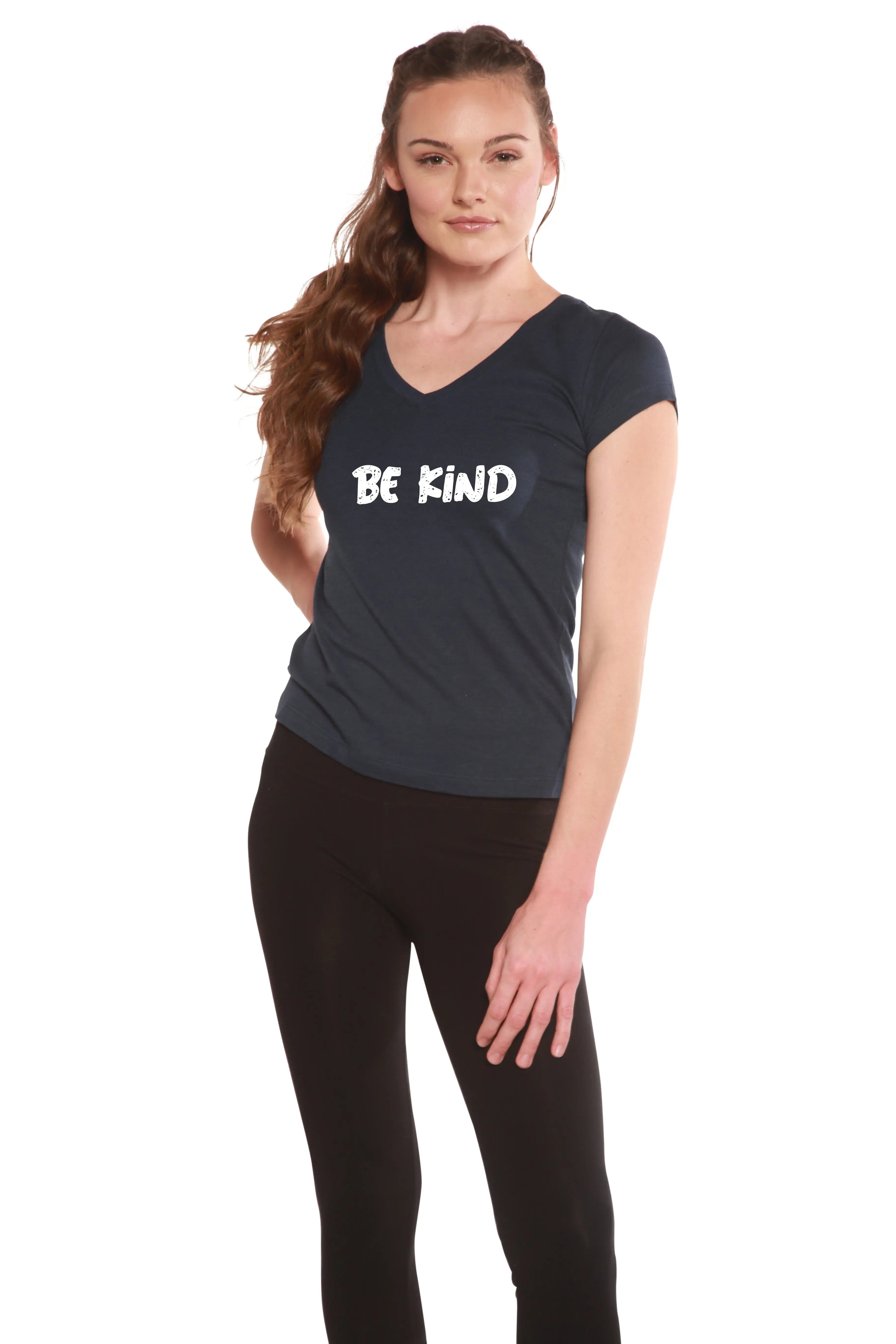 Be Kind Printed Women's Bamboo Viscose/Cotton V-Neck Cap Sleeve T-Shirt Spun Bamboo