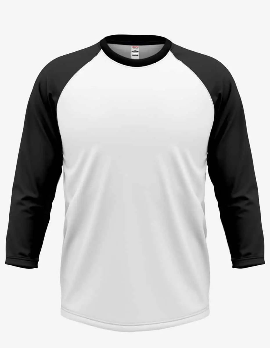 Men's Raglan RG3000 baseball tee in white and black by SpectraUSA, featuring a classic raglan sleeve design.