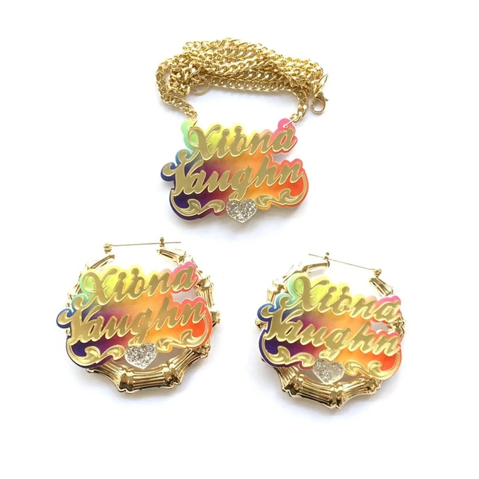 Acrylic Rainbow Gradient Name Necklace Bamboo Earring Set - Blade & Thread