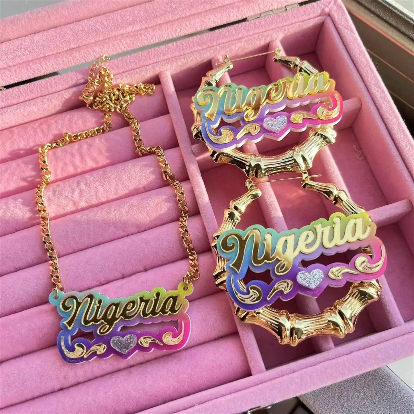 Acrylic Rainbow Gradient Name Necklace Bamboo Earring Set - Blade & Thread