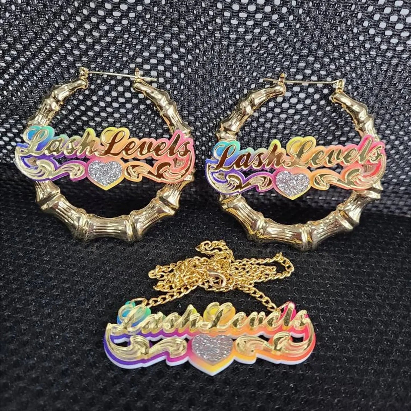 Acrylic Rainbow Gradient Name Necklace Bamboo Earring Set - Blade & Thread