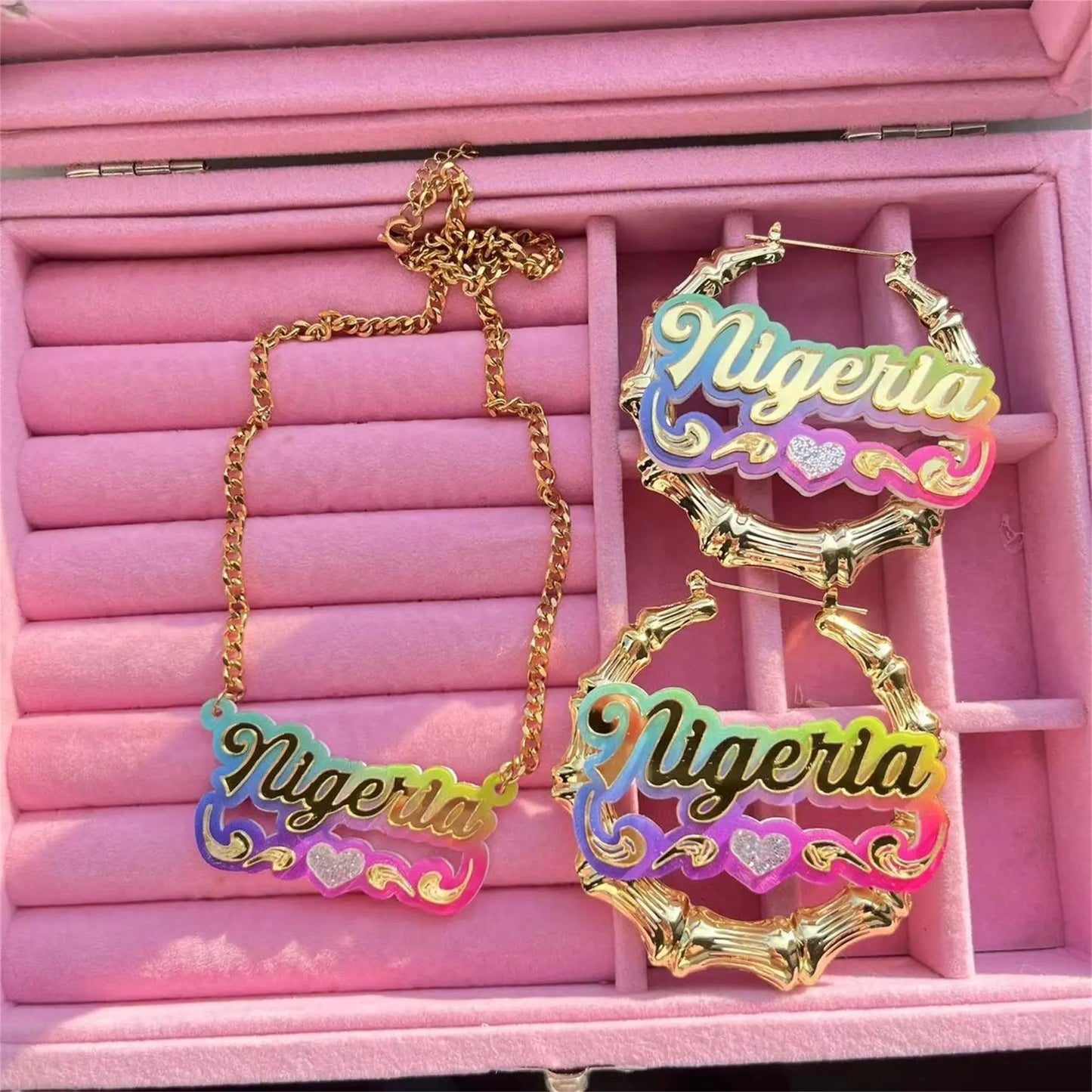 Acrylic Rainbow Gradient Name Necklace Bamboo Earring Set - Blade & Thread