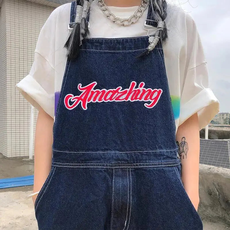 American Embroidery Denim Overalls Women Jean Jumpsuits Loose Straight Wide Leg Pants - Blade & Thread
