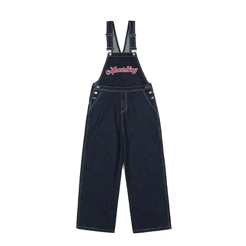 American Embroidery Denim Overalls Women Jean Jumpsuits Loose Straight Wide Leg Pants - Blade & Thread