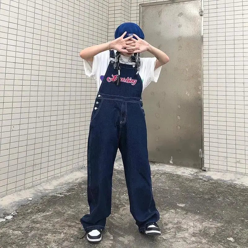 American Embroidery Denim Overalls Women Jean Jumpsuits Loose Straight Wide Leg Pants - Blade & Thread