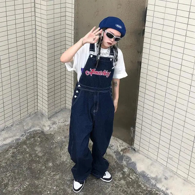 American Embroidery Denim Overalls Women Jean Jumpsuits Loose Straight Wide Leg Pants nowadaysfashion