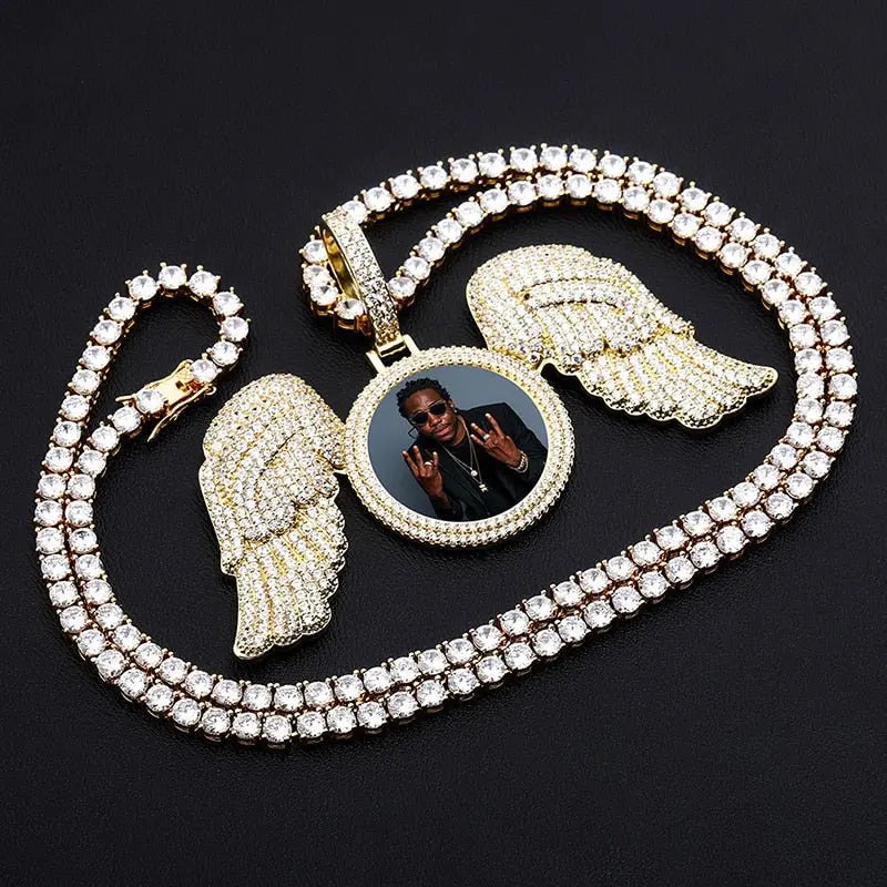 Angel Wings Custom Photo Medallion Necklace Iced Out Cubic Zirconia Pendant Hip Hop Jewelry - Blade & Thread