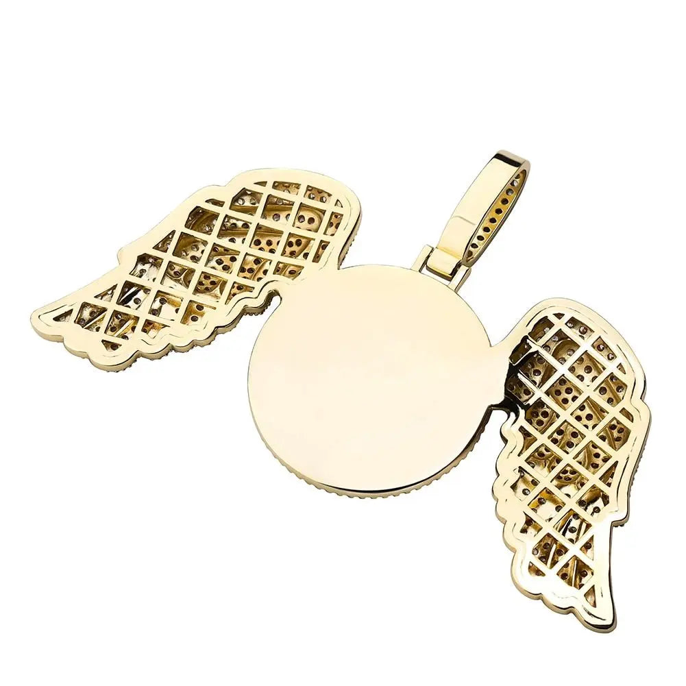 Angel Wings Custom Photo Medallion Necklace Iced Out Cubic Zirconia Pendant Hip Hop Jewelry - Blade & Thread