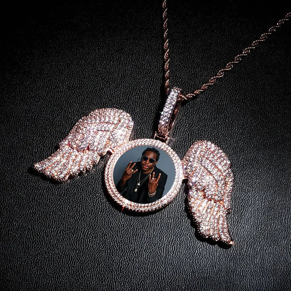 Angel Wings Custom Photo Medallion Necklace Iced Out Cubic Zirconia Pendant Hip Hop Jewelry - Blade & Thread