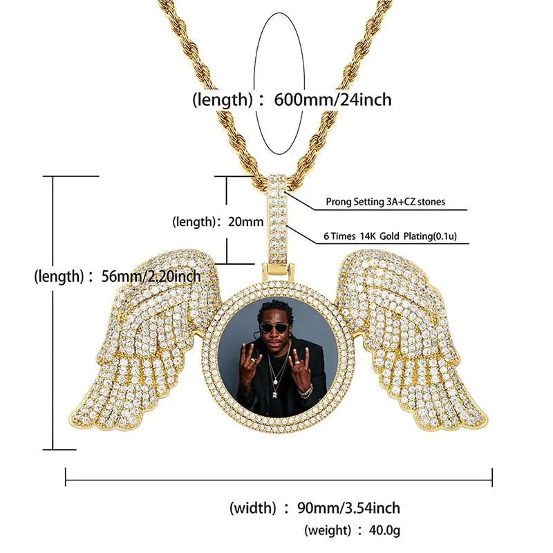 Angel Wings Custom Photo Medallion Necklace Iced Out Cubic Zirconia Pendant Hip Hop Jewelry - Blade & Thread