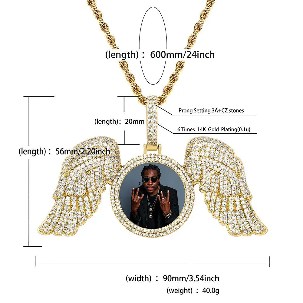 Angel Wings Custom Photo Medallion Necklace Iced Out  Cubic Zirconia Pendant Hip Hop Jewelry nowadaysfashion