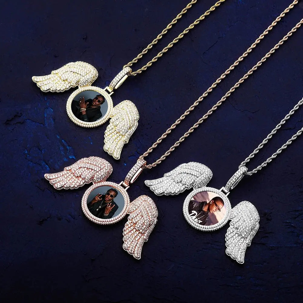 Angel Wings Custom Photo Medallion Necklace Iced Out Cubic Zirconia Pendant Hip Hop Jewelry - Blade & Thread