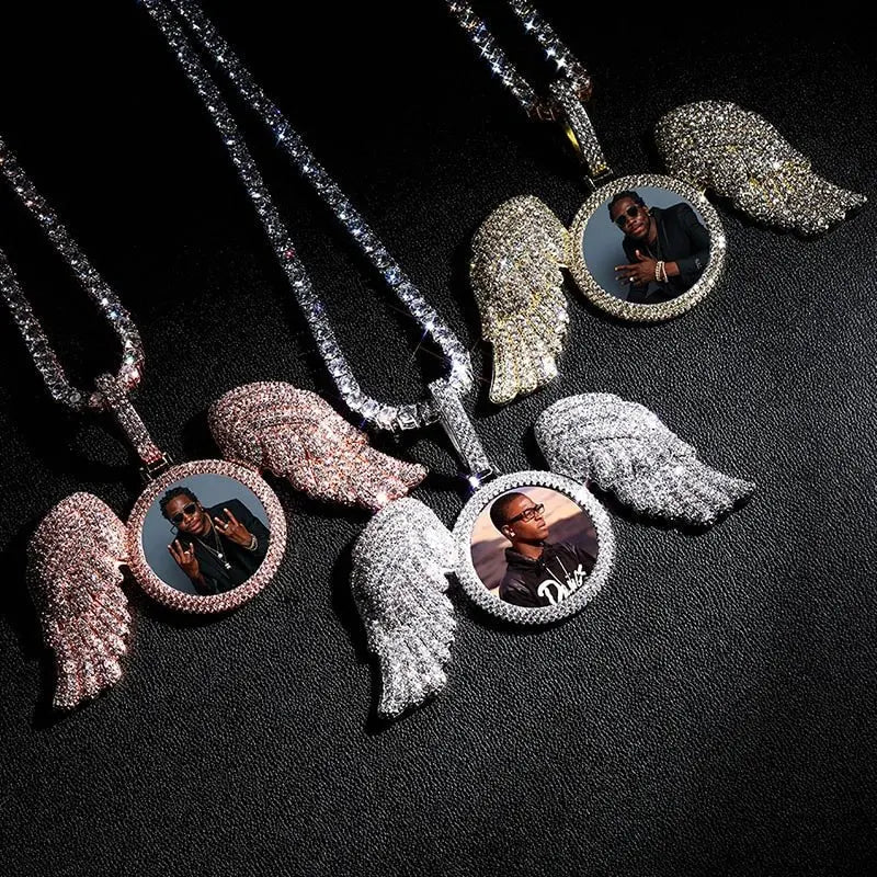 Angel Wings Custom Photo Medallion Necklace Iced Out Cubic Zirconia Pendant Hip Hop Jewelry - Blade & Thread