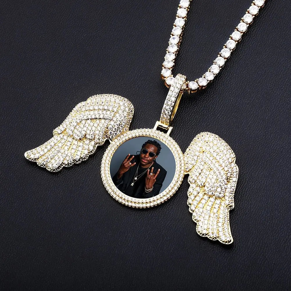 Angel Wings Custom Photo Medallion Necklace Iced Out Cubic Zirconia Pendant Hip Hop Jewelry - Blade & Thread