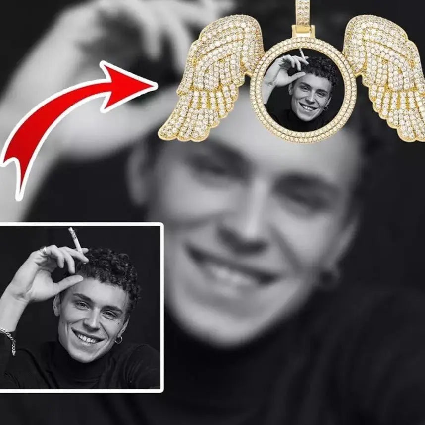 Angel Wings Custom Photo Medallion Necklace Iced Out Cubic Zirconia Pendant Hip Hop Jewelry - Blade & Thread