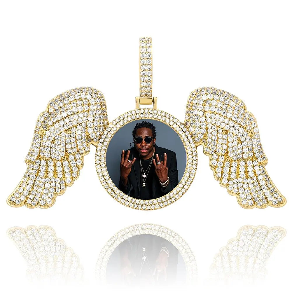 Angel Wings Custom Photo Medallion Necklace Iced Out Cubic Zirconia Pendant Hip Hop Jewelry - Blade & Thread