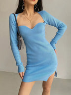 Aproms Elegant Square Neck Ribbed Knitted Dresses Women Long Sleeve High Stretch Bodycon nowadaysfashion