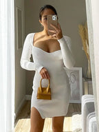Aproms Elegant Square Neck Ribbed Knitted Dresses Women Long Sleeve High Stretch Bodycon nowadaysfashion
