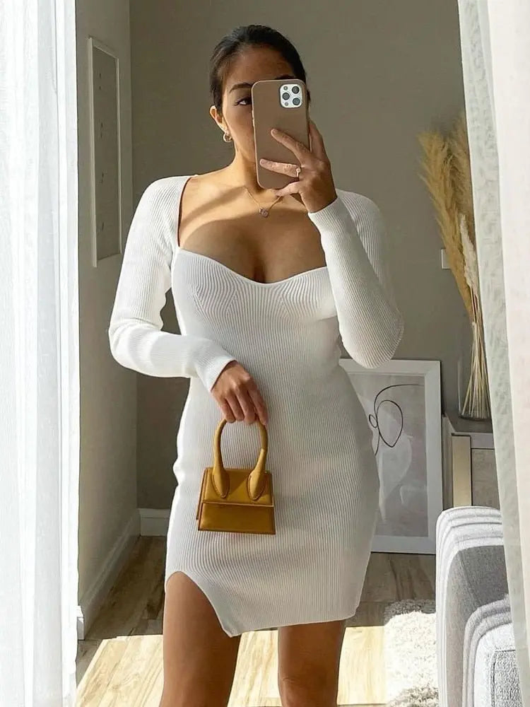 Aproms Elegant Square Neck Ribbed Knitted Dresses Women Long Sleeve High Stretch Bodycon - Blade & Thread