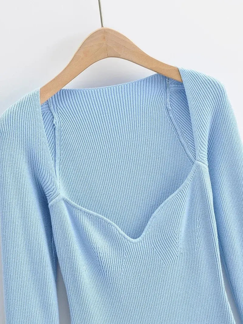 Aproms Elegant Square Neck Ribbed Knitted Dresses Women Long Sleeve High Stretch Bodycon nowadaysfashion