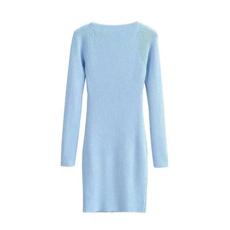Aproms Elegant Square Neck Ribbed Knitted Dresses Women Long Sleeve High Stretch Bodycon - Blade & Thread