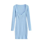 Aproms Elegant Square Neck Ribbed Knitted Dresses Women Long Sleeve High Stretch Bodycon nowadaysfashion