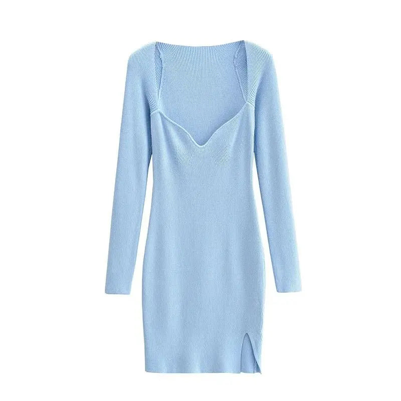 Aproms Elegant Square Neck Ribbed Knitted Dresses Women Long Sleeve High Stretch Bodycon - Blade & Thread
