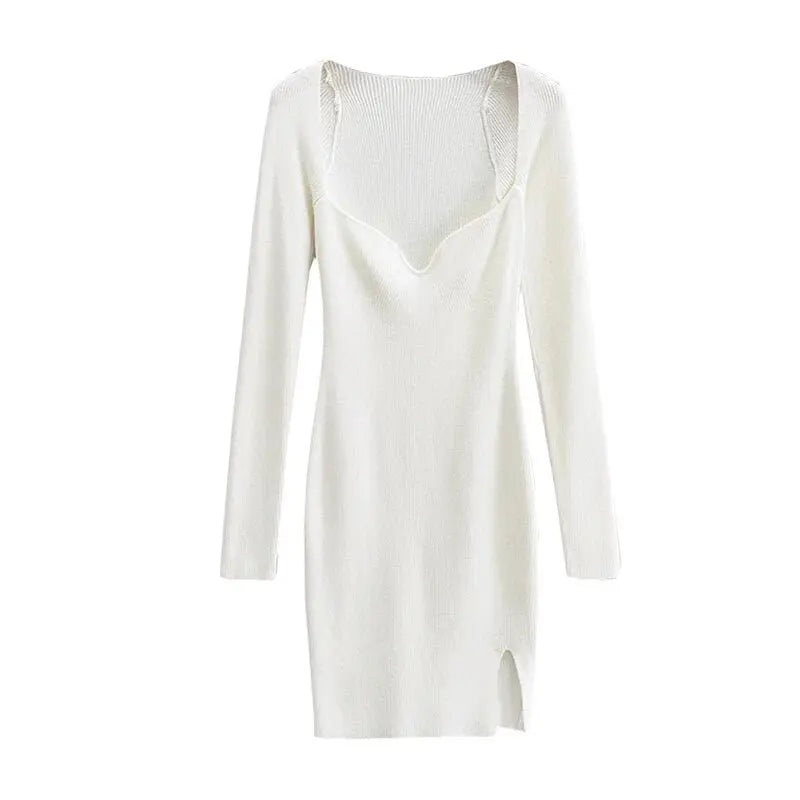 Aproms Elegant Square Neck Ribbed Knitted Dresses Women Long Sleeve High Stretch Bodycon - Blade & Thread