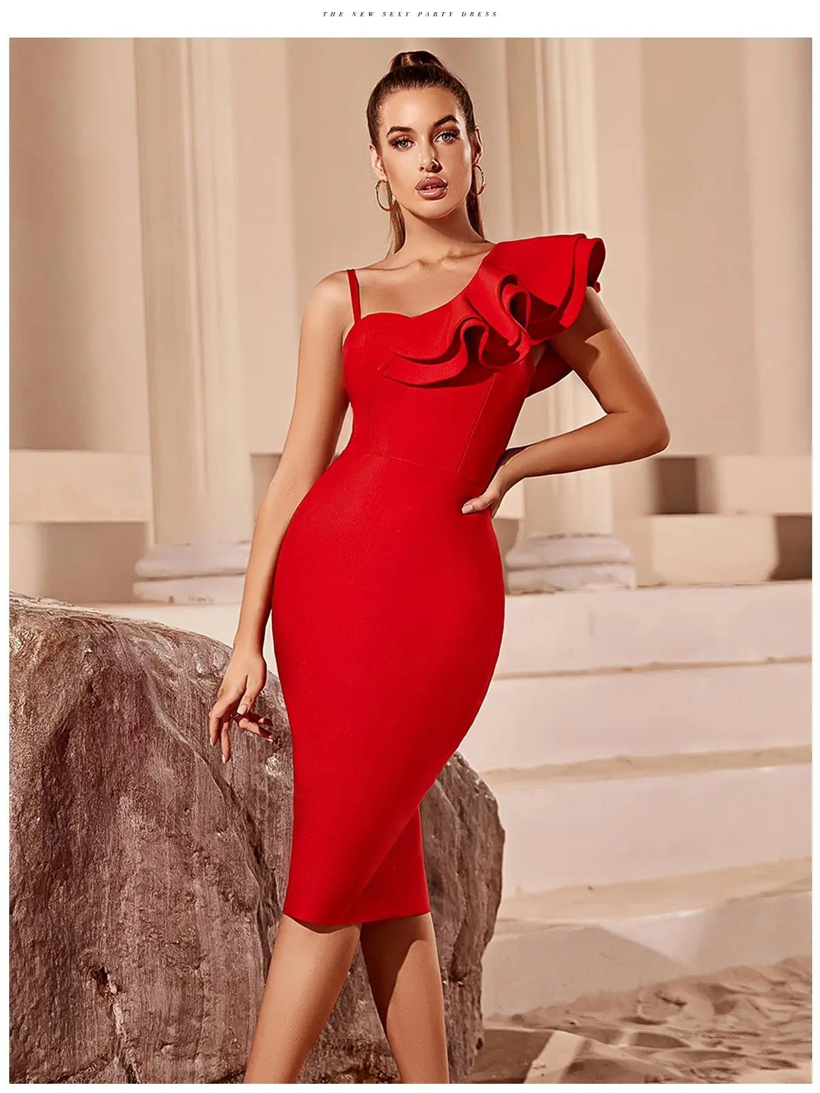 Asymmetrical Neck Ruffle Trim Bodycon Dress Bandage Dress Sleeveless Evening Party - Blade & Thread