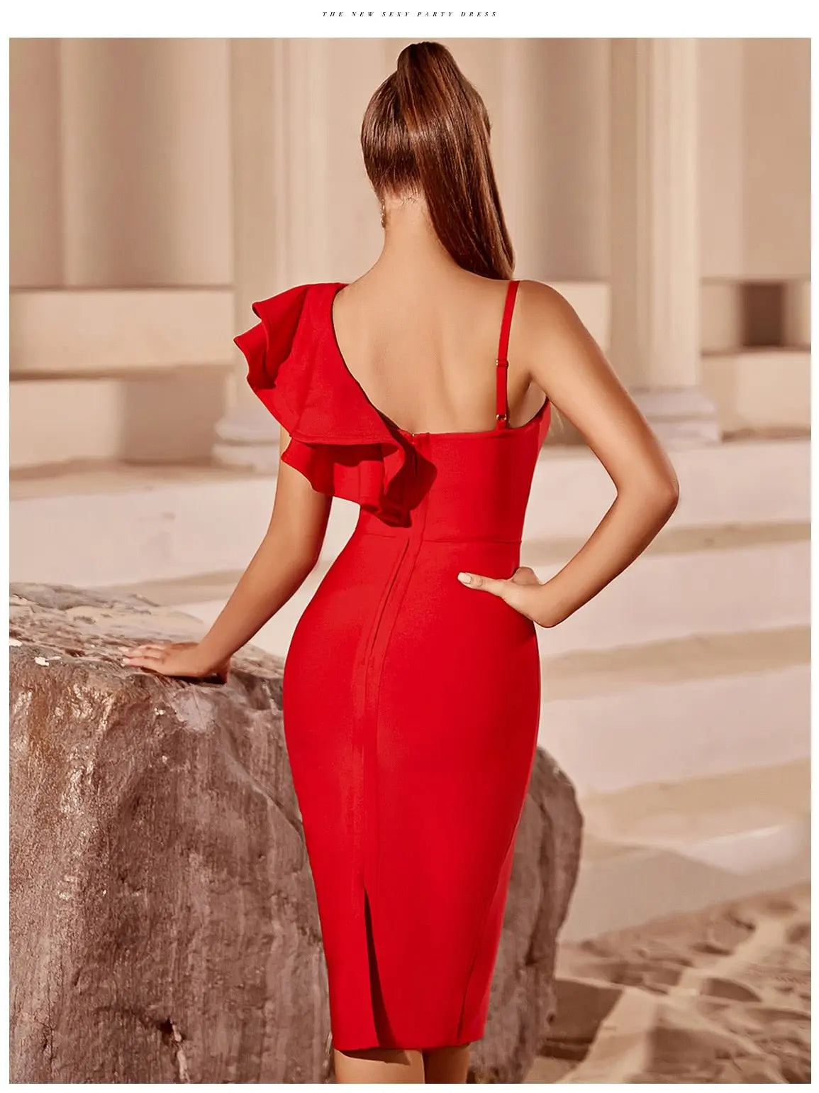 Asymmetrical Neck Ruffle Trim Bodycon Dress Bandage Dress Sleeveless Evening Party - Blade & Thread