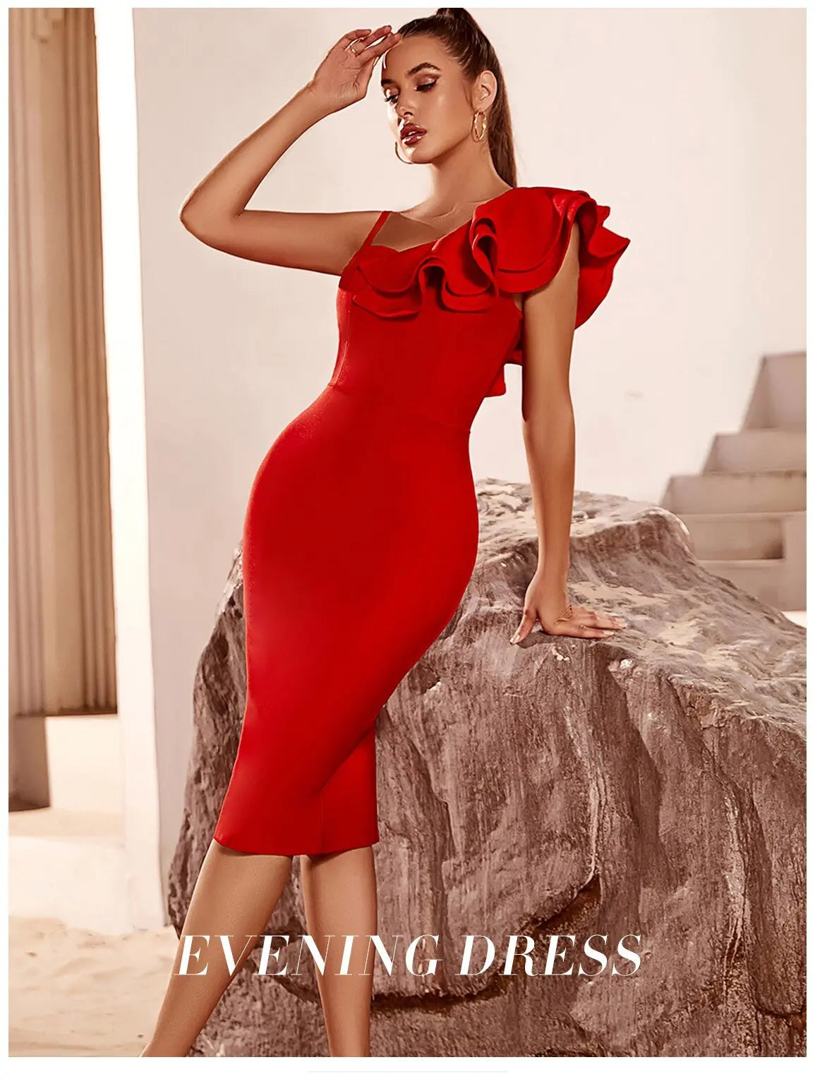 Asymmetrical Neck Ruffle Trim Bodycon Dress Bandage Dress Sleeveless Evening Party - Blade & Thread