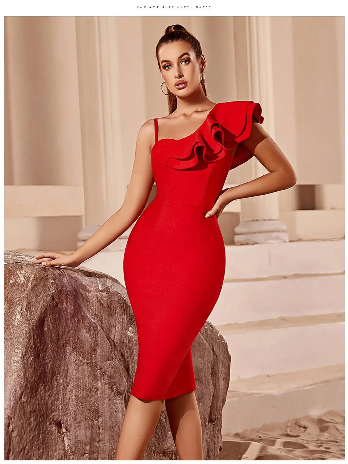 Asymmetrical Neck Ruffle Trim Bodycon Dress Bandage Dress Sleeveless Evening Party - Blade & Thread