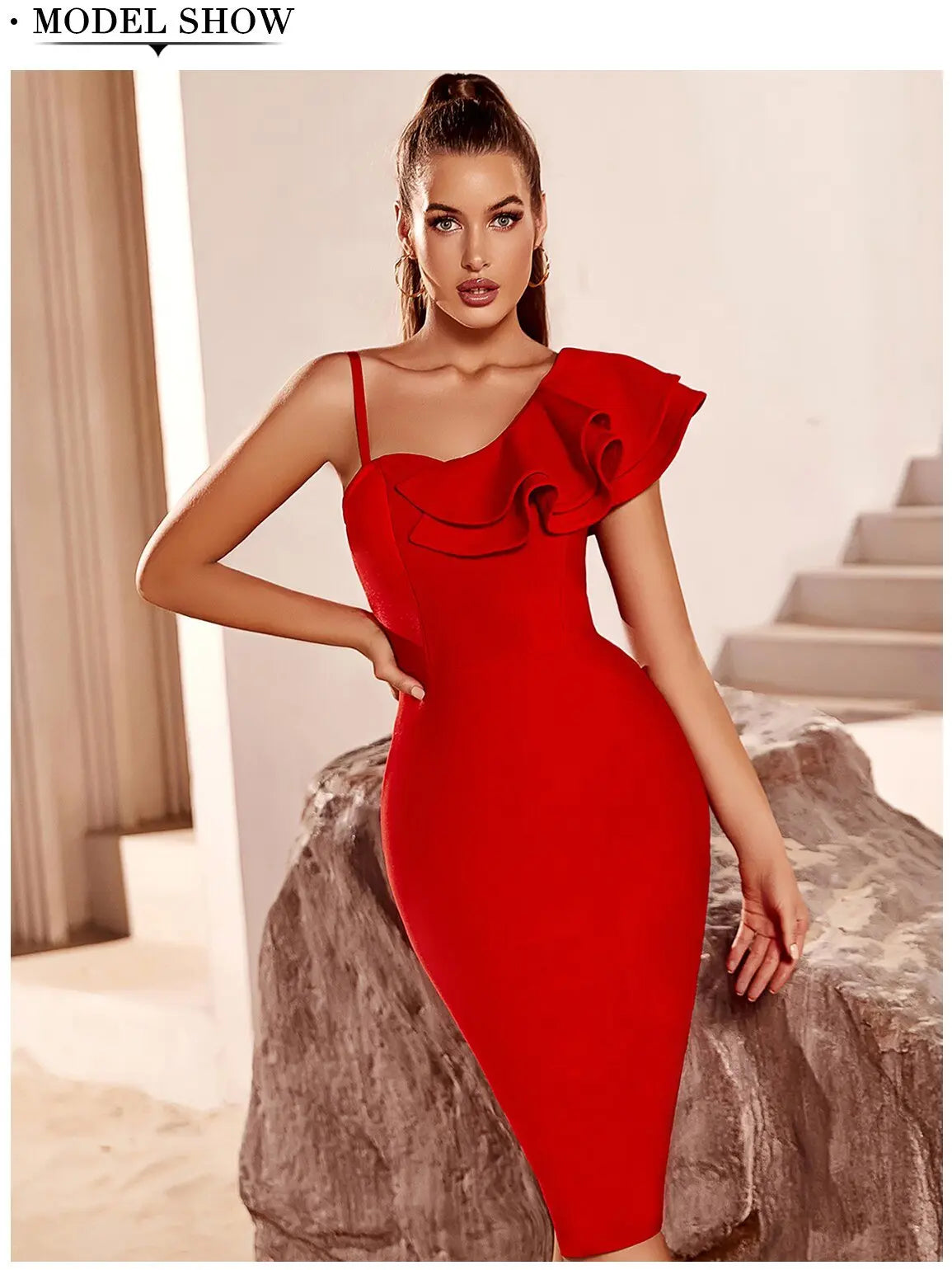 Asymmetrical Neck Ruffle Trim Bodycon Dress Bandage Dress Sleeveless Evening Party nowadaysfashion