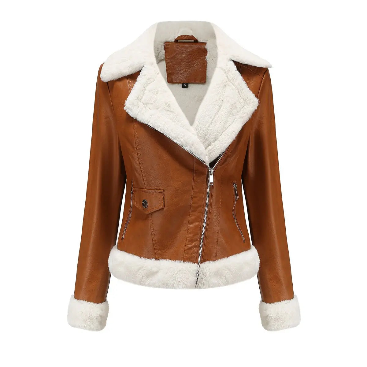 Autumn and winter fleece leather women's warm long-sleeved lapel coat jacket - Blade & Thread