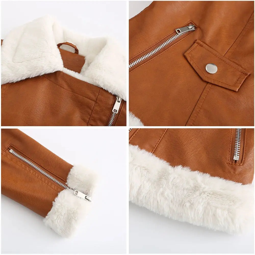 Autumn and winter fleece leather women's warm long-sleeved lapel coat jacket - Blade & Thread