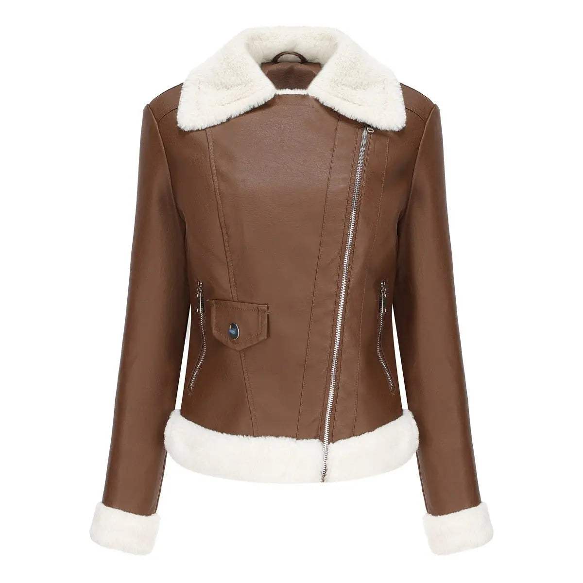 Autumn and winter fleece leather women's warm long-sleeved lapel coat jacket nowadaysfashion
