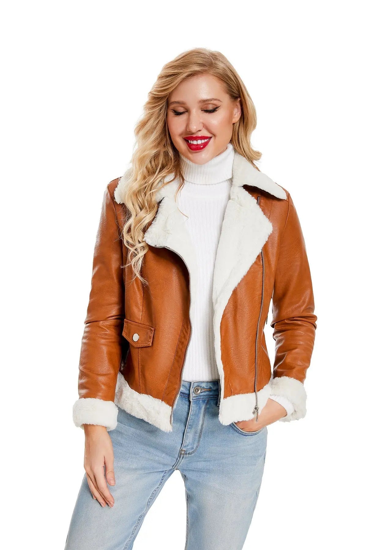 Autumn and winter fleece leather women's warm long-sleeved lapel coat jacket - Blade & Thread