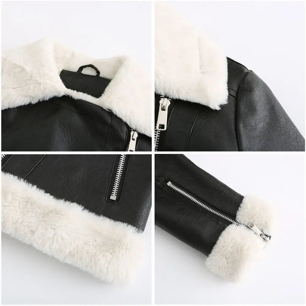 Autumn and winter fleece leather women's warm long-sleeved lapel coat jacket - Blade & Thread