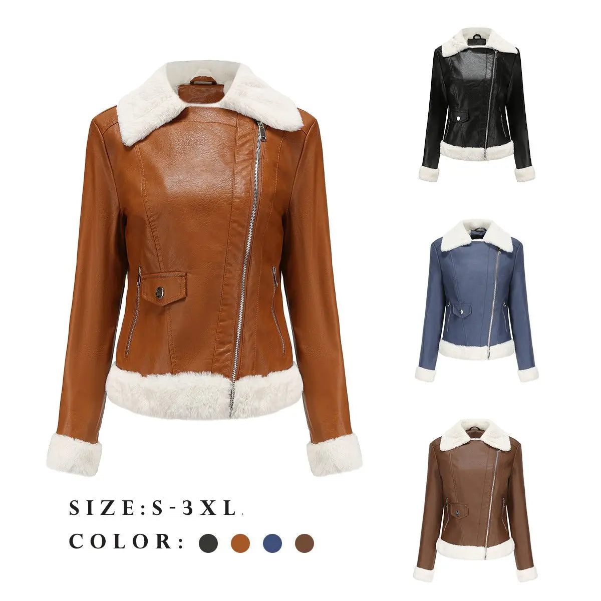 Autumn and winter fleece leather women's warm long-sleeved lapel coat jacket - Blade & Thread