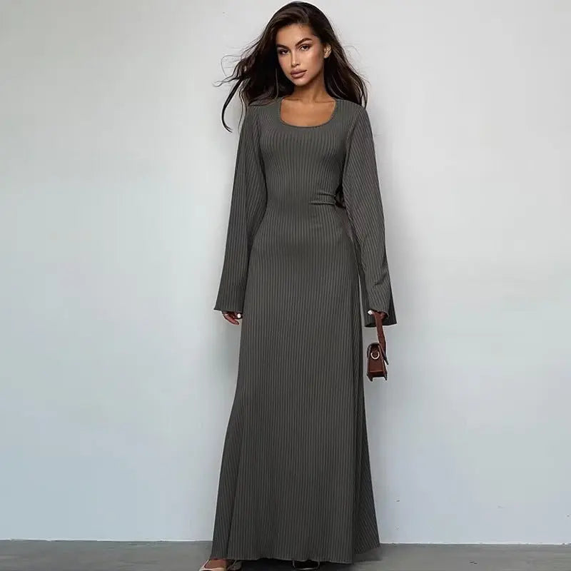 Autumn Fashion Loose U-neck Back Tie Long Sleeve Dress - Blade & Thread