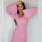 Autumn Fashion Loose U-neck Back Tie Long Sleeve Dress nowadaysfashion