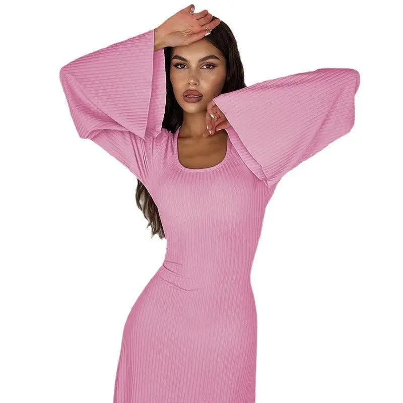 Autumn Fashion Loose U-neck Back Tie Long Sleeve Dress - Blade & Thread