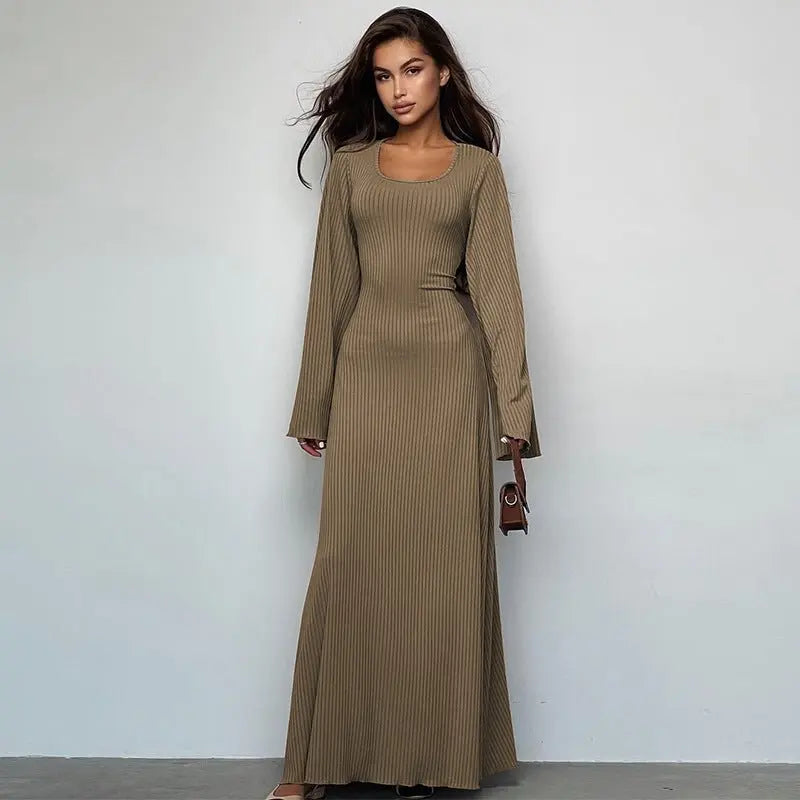 Autumn Fashion Loose U-neck Back Tie Long Sleeve Dress nowadaysfashion