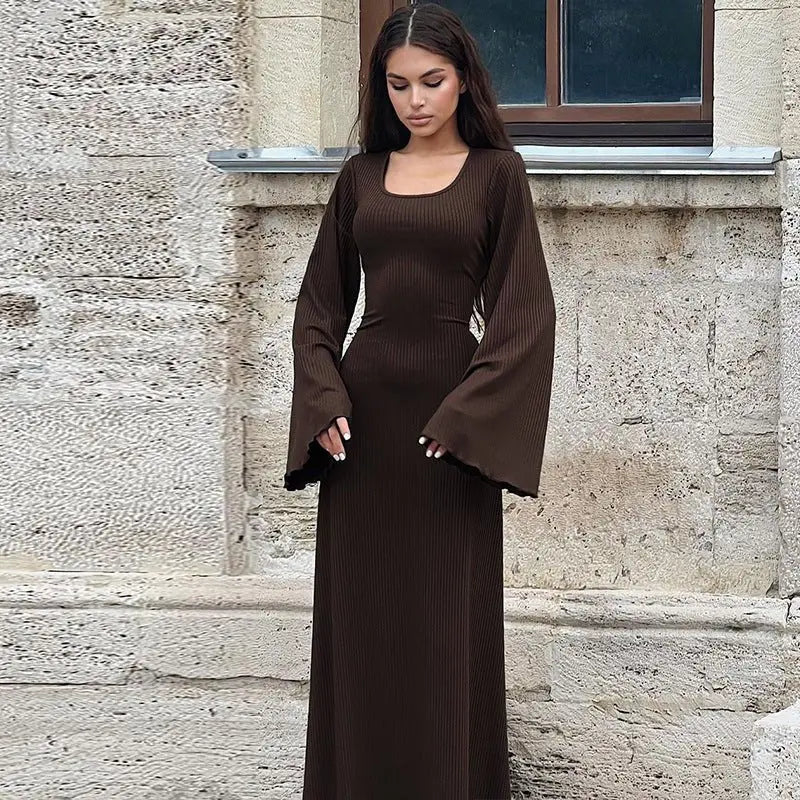 Autumn Fashion Loose U-neck Back Tie Long Sleeve Dress nowadaysfashion