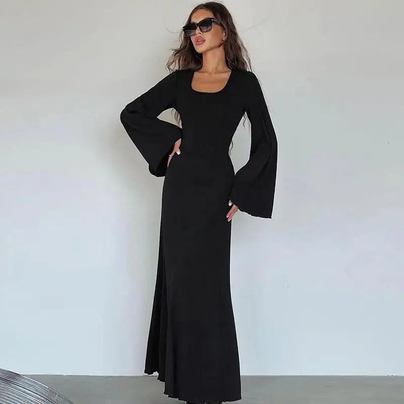 Autumn Fashion Loose U-neck Back Tie Long Sleeve Dress - Blade & Thread