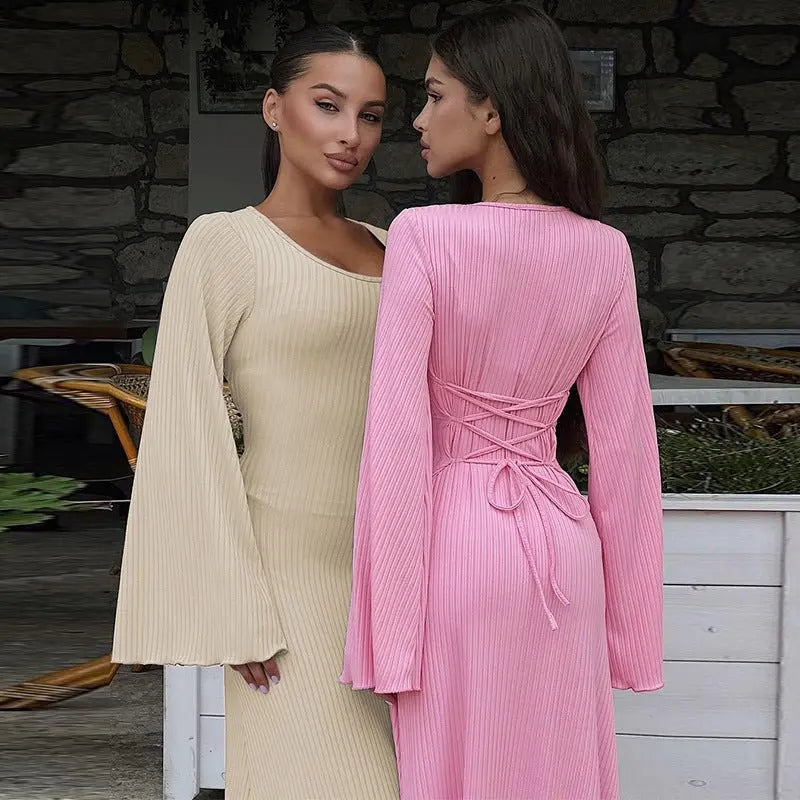 Autumn Fashion Loose U-neck Back Tie Long Sleeve Dress - Blade & Thread