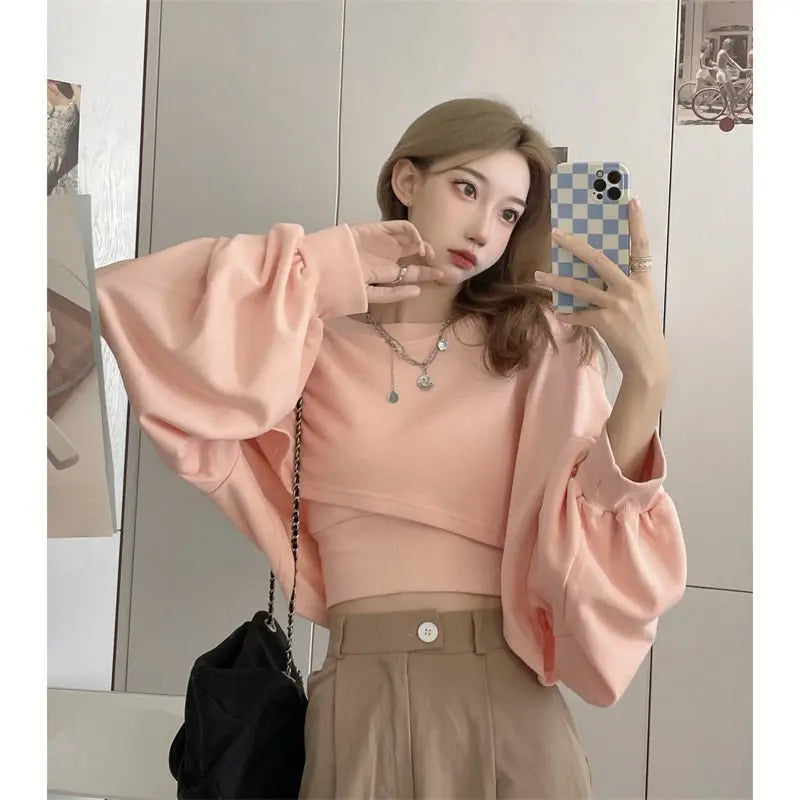 Autumn Two Piece Suit Hoodies Women Loose Bat Sleeve Tops Fashion Popular Crop Sweatshirts+Camis - Blade & Thread