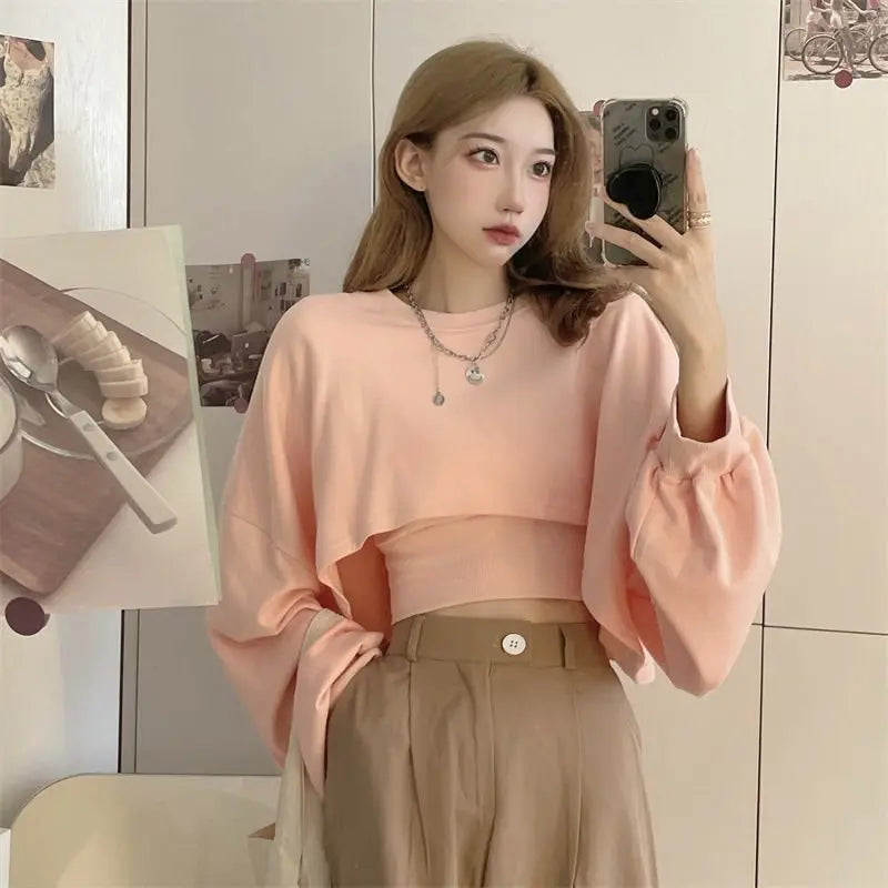 Autumn Two Piece Suit Hoodies Women Loose Bat Sleeve Tops Fashion Popular Crop Sweatshirts+Camis - Blade & Thread