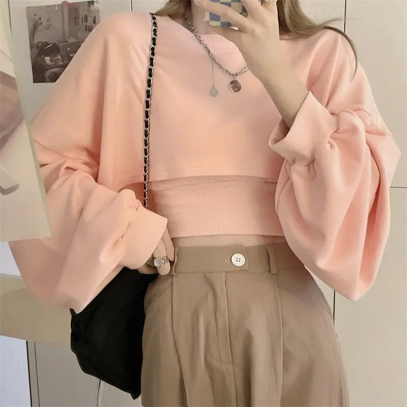 Autumn Two Piece Suit Hoodies Women Loose Bat Sleeve Tops Fashion Popular Crop Sweatshirts+Camis nowadaysfashion