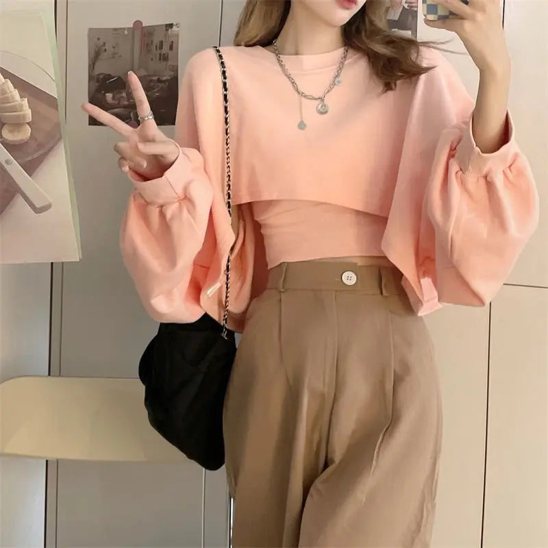 Autumn Two Piece Suit Hoodies Women Loose Bat Sleeve Tops Fashion Popular Crop Sweatshirts+Camis nowadaysfashion